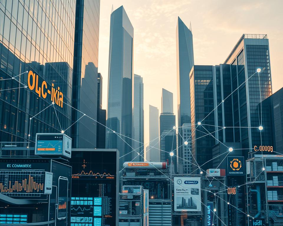 A bustling Platform Ecosystem against a backdrop of sleek, modern architecture. In the foreground, a diverse array of interconnected digital platforms - e-commerce, logistics, cloud services, and more - seamlessly integrated, their intricate workings visible through transparent panels. The middle ground features a network of data streams and algorithms, pulsing with energy, connecting the various components. In the background, towering skyscrapers of steel and glass, reflecting the sky and the thriving digital landscape. Soft, ambient lighting casts a warm, futuristic glow, conveying a sense of technological innovation and economic vitality. The scene evokes the dynamic, multifaceted nature of a successful platform-based business ecosystem.