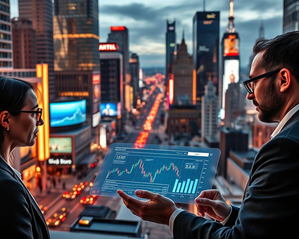 A bustling cityscape at dusk, with towering skyscrapers and neon-lit billboards illuminating the streets below. In the foreground, a group of businesspeople analyze detailed market data displayed on their sleek, holographic screens, their expressions intense as they discuss emerging trends and future possibilities. The atmosphere is one of dynamic energy and forward-thinking, the city itself a canvas for the ever-evolving landscape of commerce and innovation. Soft, warm lighting casts an optimistic glow, hinting at the untapped potential that lies ahead. A sense of anticipation and discovery permeates the scene, as the analysts strive to uncover the next big opportunity.
