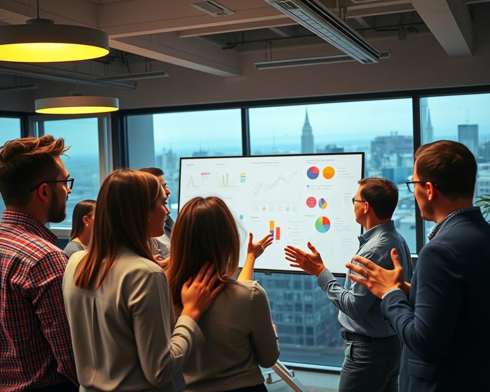 A bustling office scene, illuminated by warm overhead lighting and soft side lighting. In the foreground, a team of sales professionals engaged in a lively discussion, gesturing animatedly as they share strategies and techniques. The middle ground features a large whiteboard covered in colorful diagrams and charts, reflecting the data-driven approach to their work. In the background, a panoramic view of a modern city skyline, symbolizing the broader context in which their sales efforts take place. The overall atmosphere conveys a sense of focus, collaboration, and the constant pursuit of optimization and improvement.