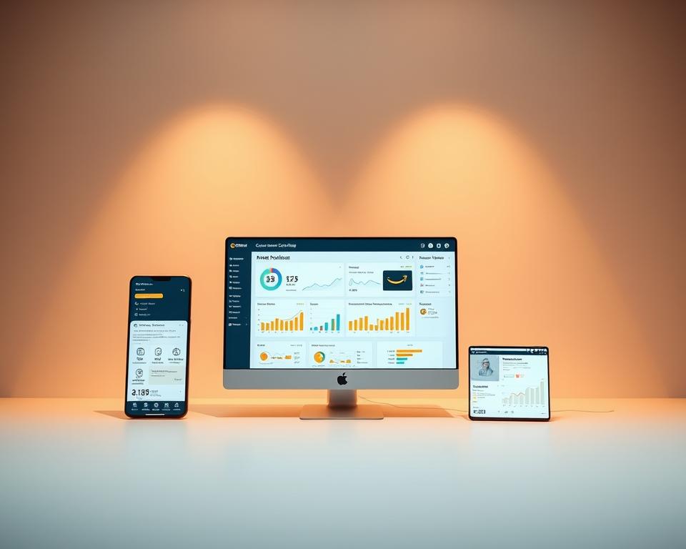 A customer-centric digital platform showcasing a sleek, modern design with clean lines and a minimalist aesthetic. The platform features a central dashboard displaying key metrics and analytical insights, surrounded by intuitive navigation menus and user-friendly interfaces. Soft lighting illuminates the scene, creating a calm and professional atmosphere. The platform is positioned against a backdrop of a warm, muted color palette, conveying a sense of trust and reliability. The overall composition emphasizes the platform's focus on user experience and data-driven decision-making, reflecting the core principles of the Amazon business model.