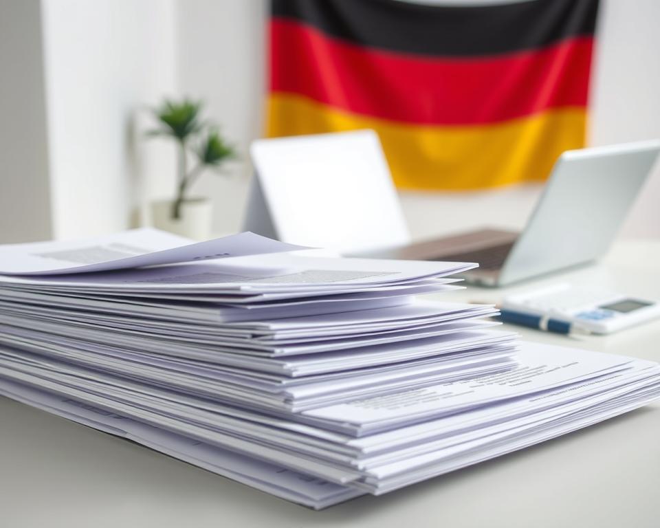 A detailed overview of the costs associated with business registration in Germany, showcased in a clean, professional visual style. In the foreground, a stack of official-looking documents and forms, meticulously arranged, conveying the administrative aspects of the process. The middle ground features a modern, minimalist office setting, with a laptop, pen, and calculator, suggesting the practical steps involved. The background subtly depicts the German flag, alluding to the national context. The lighting is soft and evenly distributed, creating a sense of clarity and transparency. The overall mood is one of informative precision, guiding the viewer through the key details of business registration costs in Germany.