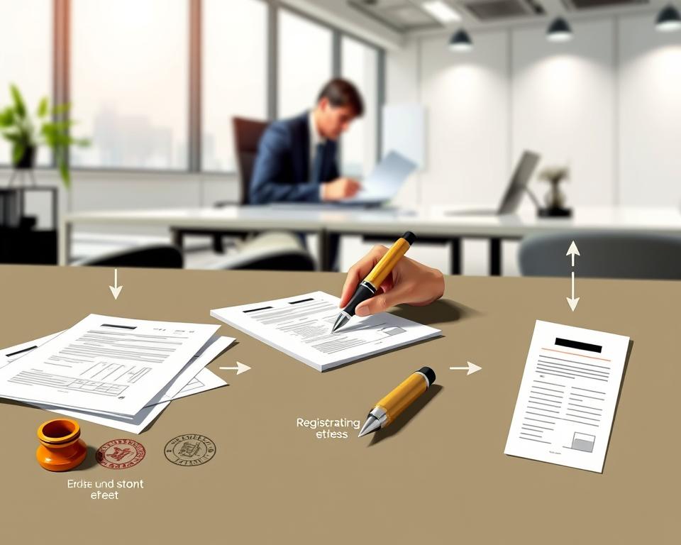 A detailed, step-by-step illustration of the process of business registration, showcasing the key stages in a visually engaging manner. The foreground depicts various official documents, stamps, and a pen, conveying the formal and administrative nature of the task. The middle ground features a person carefully reviewing paperwork, while the background presents a clean, minimalist office setting with subtle lighting to create a professional atmosphere. The overall composition should evoke a sense of organization, diligence, and the systematic progression towards business establishment.