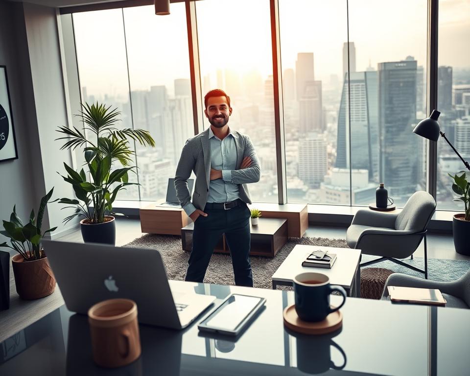 A dynamic, modern business landscape with a focus on entrepreneurship. In the foreground, a confident entrepreneur stands amidst a stylish office, surrounded by the tools of their trade - a laptop, a mug of coffee, and a plant adding a touch of life. The middle ground features a mix of sleek, minimalist furniture and accessories, creating a professional yet inviting atmosphere. In the background, a panoramic window offers a view of a bustling city skyline, symbolizing the potential for growth and success. Soft, warm lighting illuminates the scene, conveying a sense of optimism and opportunity. The overall composition and attention to detail evoke a sense of aspiration and inspiration for those embarking on their own entrepreneurial journey.