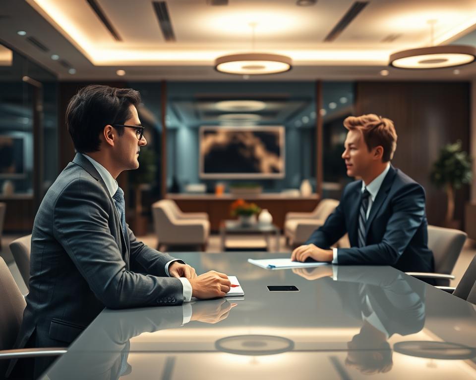 A formal business meeting taking place in a well-lit, modern office setting. In the foreground, two colleagues sit across from each other at a sleek conference table, engaged in a structured, professional sales discussion. Their body language conveys a sense of focus and active listening. The middle ground features elegant office furnishings and decor, creating a sophisticated, corporate atmosphere. The background is softly blurred, emphasizing the central dialogue. Subtle, even lighting from overhead fixtures casts a warm, productive glow on the scene. An air of efficiency and purposeful communication permeates the image.