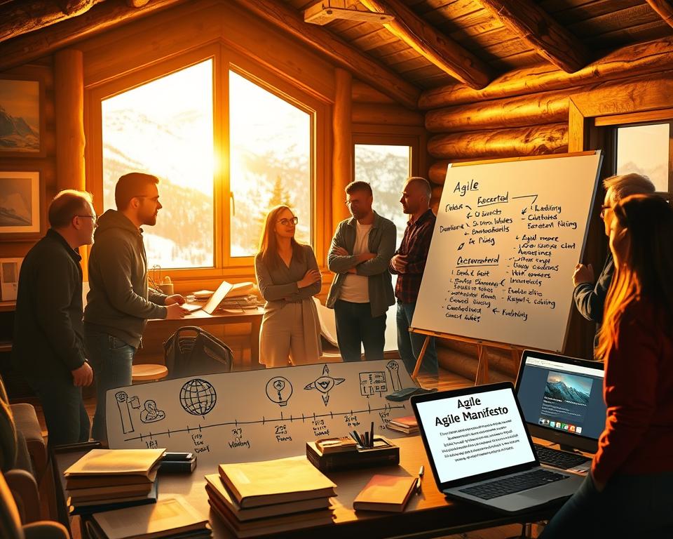 A group of software developers and industry experts gathered in a cozy mountain cabin, engaged in lively discussions and sketching ideas on a large whiteboard. The scene is bathed in warm, golden light, casting a contemplative atmosphere. In the foreground, a hand-drawn timeline depicts the evolution of software development methodologies, leading up to the birth of the Agile Manifesto. In the middle ground, the developers are deep in thought, surrounded by books, notes, and a laptop displaying the now-iconic Agile principles. The background features a picturesque landscape of snow-capped peaks, hinting at the transformative nature of the moment. The overall composition conveys the historic significance and collaborative spirit that gave rise to the Agile movement.