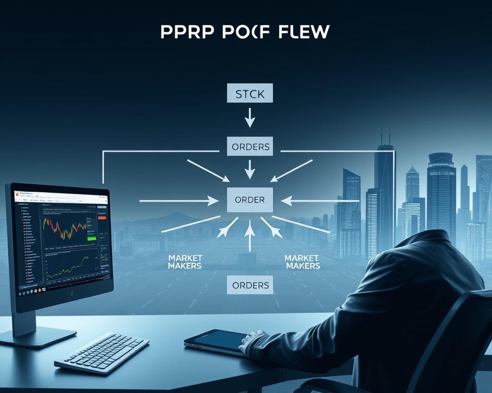 A high-contrast, highly detailed diagram depicting the Payment for Order Flow (PFOF) mechanism. The foreground showcases a stock trader's user interface, with buy and sell orders flowing seamlessly between the trader and a central order-matching engine. The middle ground reveals the inner workings of the PFOF system, with arrows and visual cues illustrating the routing of orders to various market makers. The background features a minimalist, futuristic cityscape, conveying the technological sophistication of modern financial markets. The scene is bathed in a cool, metallic color palette, evoking a sense of precision and efficiency. Lighting is dramatic, with sharp shadows and highlights emphasizing the complex, interconnected nature of the PFOF process. The overall composition is clean, visually striking, and designed to clearly communicate the key aspects of this important financial mechanism.