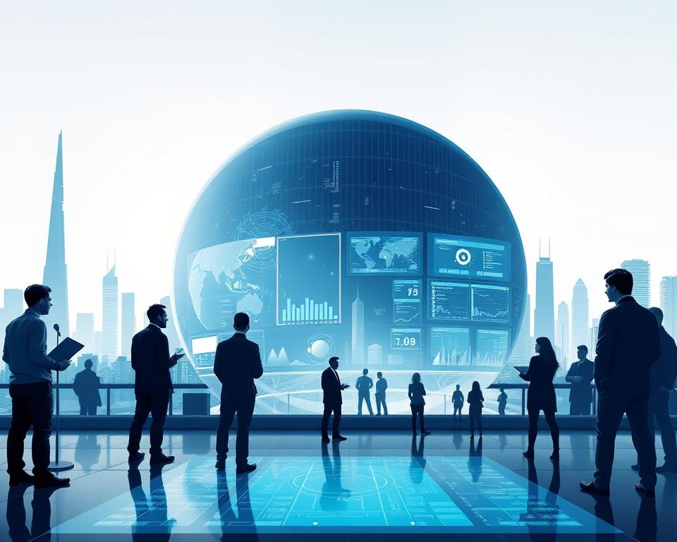 A high-resolution, cinematic illustration of Palantir's company history, showcasing the evolution of the data analytics firm. In the foreground, a striking representation of Palantir's flagship product, with its sleek, futuristic interface and cutting-edge data visualization capabilities. In the middle ground, a series of pivotal moments from the company's founding, depicted through dynamic scenes of the co-founders brainstorming, presenting to investors, and leading their team. The background features a sleek, minimalist cityscape, representing the global reach and impact of Palantir's technology. The overall tone is one of innovation, ambition, and the relentless pursuit of insights that drive positive change.