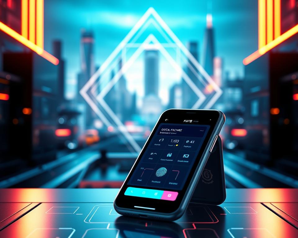 A high-tech digital payment transaction interface, showcasing a secure and seamless payment process. In the foreground, a futuristic-looking digital wallet or smartphone displays various payment options and authentication methods, such as fingerprint or facial recognition. The middle ground features a clean, minimalist design with abstract geometric shapes and lines, representing the intricate network of digital payment infrastructure. In the background, a vibrant, neon-lit cityscape with skyscrapers and futuristic architecture creates a sense of technological advancement and innovation. The overall image conveys a sophisticated, cutting-edge, and trustworthy experience of digital payments, reflecting the latest advancements in financial technology.