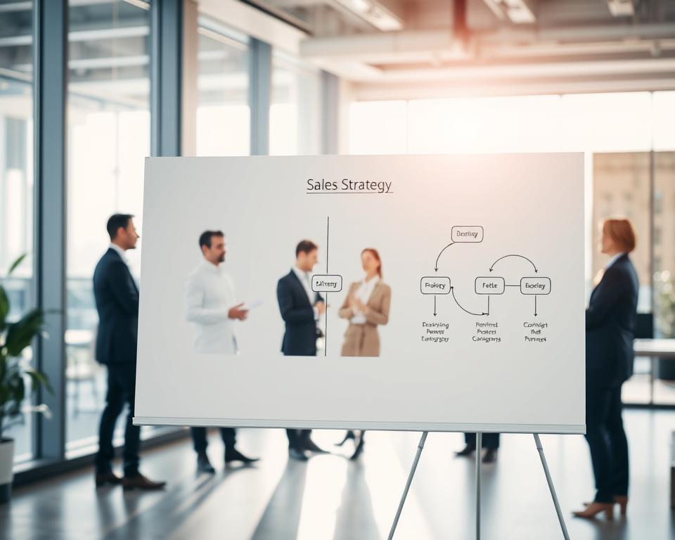 A modern and sleek office interior with a large whiteboard in the foreground, showcasing a sales strategy diagram in minimalist style. Bright, natural lighting filters through large windows, creating a warm and inviting atmosphere. The middle ground features a team of business professionals engaged in a lively discussion, gesturing animatedly. The background softly blurs, emphasizing the focus on the collaborative sales optimization process. The scene conveys a sense of productivity, innovation, and a well-structured approach to optimizing sales conversations.