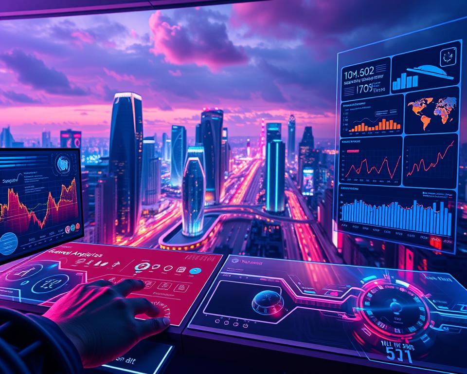 A modern digital analysis dashboard with holographic displays, dynamic data visualizations, and AI-powered trend insights. The foreground features sleek, intuitive interfaces with smooth touch controls, while the middle ground showcases real-time analytics charting technological advancements and societal shifts. The background sets a futuristic tone with a panoramic cityscape of towering skyscrapers, glowing neon lights, and hover vehicles. Vibrant colors, dramatic lighting, and a pulsing energy create an immersive, cutting-edge atmosphere for uncovering emerging business opportunities.