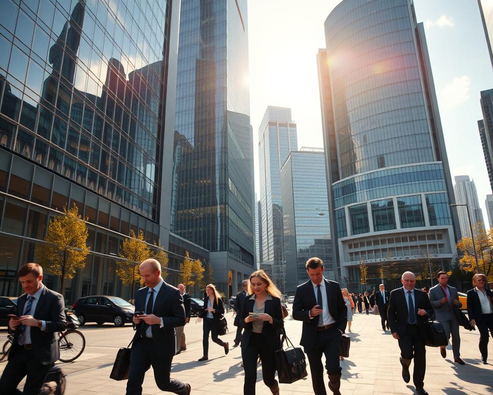 A modern financial district with high-rise glass and steel buildings, casting long shadows across the bustling streets below. Sleek, futuristic architecture dominates the skyline, reflecting the dynamic nature of the financial industry. In the foreground, well-dressed professionals hurry to and fro, engrossed in their mobile devices and briefcases, symbolizing the fast-paced, technology-driven world of finance. Warm afternoon sunlight filters through, creating a sense of energy and productivity. The scene conveys the sophistication, innovation, and importance of the financial sector, with an emphasis on the architectural and technological elements that define the Finanzbranche.