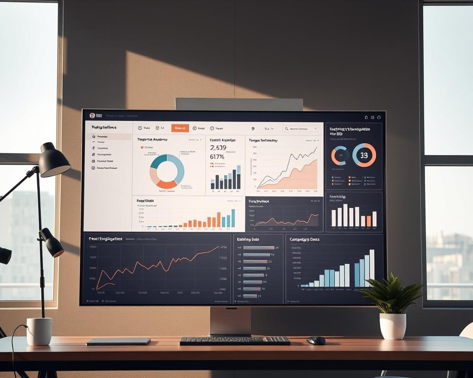 A modern, minimalist data visualization dashboard showcasing various marketing analytics and metrics. A clean, minimalist interface with sleek infographic charts, graphs, and visualizations displaying insights into target audience demographics, customer behavior, and campaign performance. The layout is organized with a balanced composition, using negative space effectively. Muted, professional color palette with subtle accents. The scene is illuminated by soft, natural lighting from large windows, casting a warm, productive atmosphere. The image conveys the importance of data-driven decision making and strategic marketing practices.