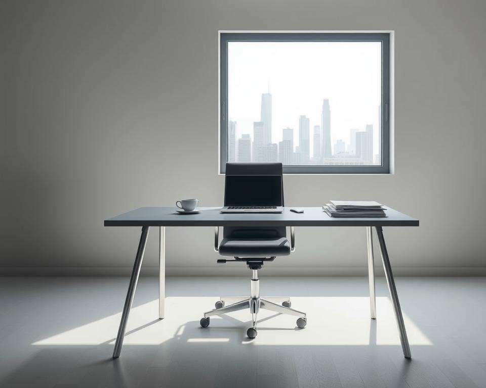 A modern, minimalist office setting with a sleek desk, ergonomic chair, and a large window overlooking a city skyline. Soft, directional lighting illuminates the space, creating a sense of professionalism and ambition. On the desk, a laptop, a cup of coffee, and a few neatly organized documents and folders, hinting at the preparatory work required for a business venture. The background is a muted, neutral palette, allowing the focal elements to stand out and convey the thoughtful planning and attention to detail needed to meet the requirements for a business grant or subsidy.