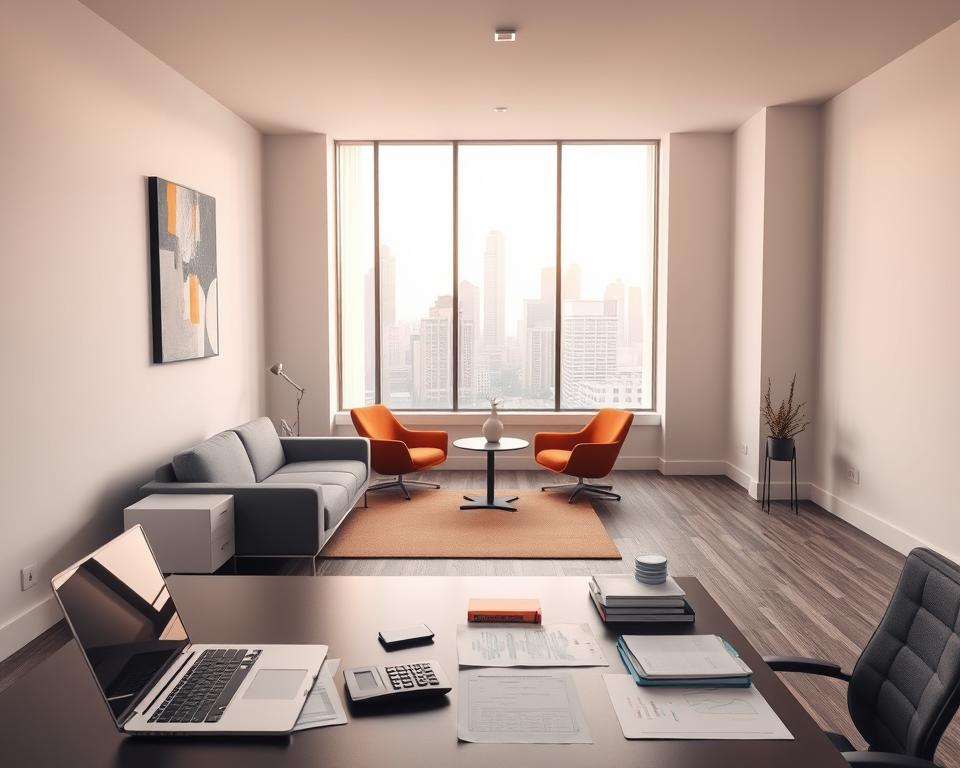 A modern, minimalist office setting with sleek furniture and clean lines. In the foreground, a large desk with a laptop, calculator, and neatly organized financial documents. On the walls, abstract artworks and a large window overlooking a city skyline, bathed in warm, natural lighting. In the middle ground, a cozy seating area with contemporary chairs and a small table, perfect for client meetings or casual discussions. The background features simple, neutral-toned decor, allowing the focal point of financial planning and cost management to take center stage. An atmosphere of professionalism, efficiency, and strategic decision-making permeates the scene.
