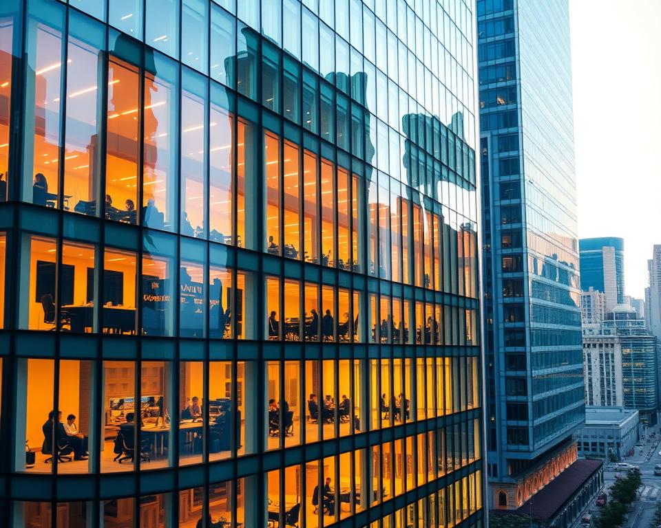 A modern office building with sleek glass facades, situated in a bustling financial district. The structure exudes an aura of international expansion and professional prowess. Inside, teams of financial experts navigate complex transactions, utilizing the latest technologies to manage a diverse portfolio of global clients. Warm lighting filters through the windows, casting a soft glow over the workspace. The atmosphere is one of focused efficiency, where decisions are made swiftly and confidently to drive growth and innovation within the financial services industry.