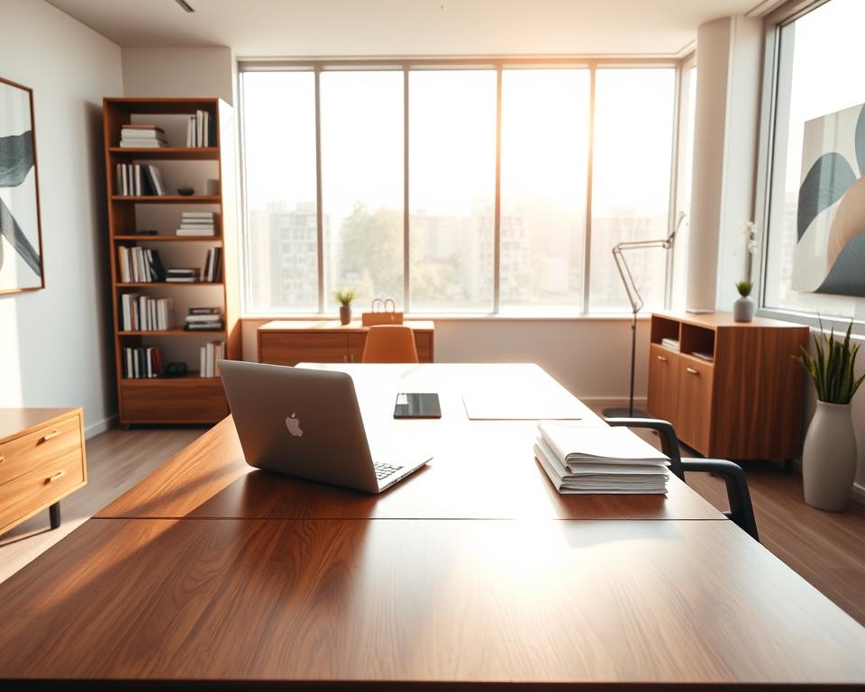 A modern office interior with a large, polished wooden desk and an ergonomic chair. The room is flooded with natural light from a wall of windows, casting a warm glow on the minimalist decor. On the desk, a sleek laptop and a stack of documents sit neatly organized, symbolizing the administrative tasks of starting a new business. Behind the desk, a tall bookshelf stands, its shelves filled with reference materials. The walls are adorned with abstract artwork, adding a touch of sophistication to the professional atmosphere. The overall mood is one of productivity, efficiency, and the excitement of a new entrepreneurial endeavor. A modern office interior with a large, polished wooden desk and an ergonomic chair. The room is flooded with natural light from a wall of windows, casting a warm glow on the minimalist decor. On the desk, a sleek laptop and a stack of documents sit neatly organized, symbolizing the administrative tasks of starting a new business. Behind the desk, a tall bookshelf stands, its shelves filled with reference materials. The walls are adorned with abstract artwork, adding a touch of sophistication to the professional atmosphere. The overall mood is one of productivity, efficiency, and the excitement of a new entrepreneurial endeavor.