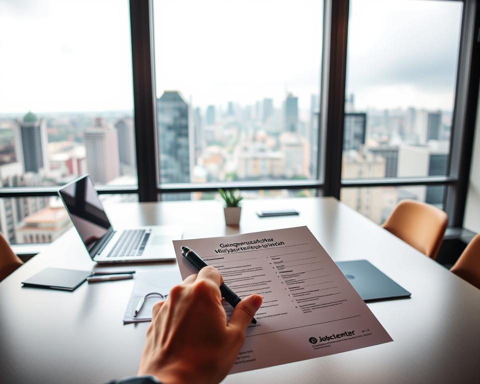 A modern, sleek office interior with a large window overlooking a bustling city skyline. A well-appointed desk takes center stage, featuring a sleek laptop, a small potted plant, and a few scattered documents. The lighting is warm and inviting, creating a sense of professionalism and productivity. In the foreground, a person's hands are visible, filling out an official-looking form, symbolizing the application process for the Gründungszuschuss, a start-up grant provided by the Jobcenter. The overall atmosphere conveys a sense of opportunity, determination, and the potential for a successful entrepreneurial journey.