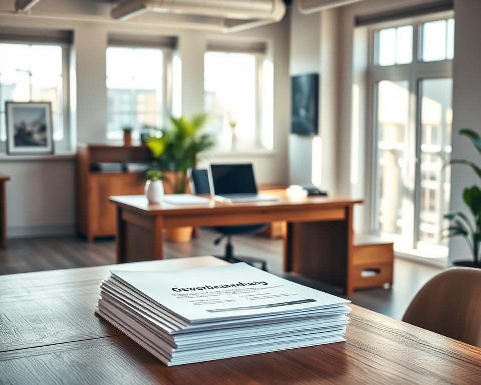 A modern, well-designed office interior with a large wooden desk, a laptop, and a neatly organized workspace. The room is filled with natural light streaming through large windows, casting a warm, inviting glow. The walls are adorned with minimalist artwork, and a potted plant adds a touch of greenery. In the foreground, a small stack of documents labeled "Gewerbeanmeldung Hamburg" sits on the desk, symbolizing the administrative process of registering a business in the city. The overall atmosphere conveys a sense of professionalism, efficiency, and attention to detail, reflecting the subject matter of the article section. A modern, well-designed office interior with a large wooden desk, a laptop, and a neatly organized workspace. The room is filled with natural light streaming through large windows, casting a warm, inviting glow. The walls are adorned with minimalist artwork, and a potted plant adds a touch of greenery. In the foreground, a small stack of documents labeled "Gewerbeanmeldung Hamburg" sits on the desk, symbolizing the administrative process of registering a business in the city. The overall atmosphere conveys a sense of professionalism, efficiency, and attention to detail, reflecting the subject matter of the article section.