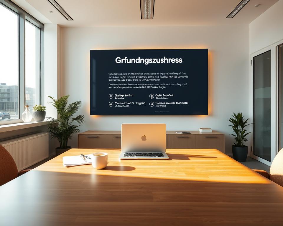 A modern, well-lit office space with a clean, minimalist aesthetic. At the center, a sleek wooden desk with a laptop, a cup of coffee, and a few neatly arranged documents. On the wall behind the desk, a large, backlit display showcases information about the "Gründungszuschuss" program from the Jobcenter. The lighting is warm and inviting, creating a professional yet approachable atmosphere. The room is filled with natural light from large windows, and the overall composition suggests a sense of opportunity and new beginnings.