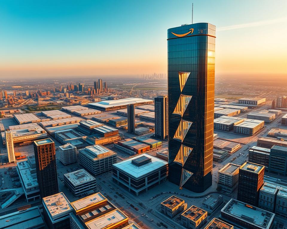 A panoramic view of Amazon's innovation history, showcasing a sleek and futuristic cityscape. In the foreground, a towering glass-and-steel headquarters building, its facade shimmering in the warm, golden light of the setting sun. In the middle ground, smaller tech campuses and research facilities, bustling with activity and innovation. The background features a vast, sprawling network of distribution centers and fulfillment hubs, their rooftops dotted with the latest in robotic and automation technology. The overall scene conveys a sense of progress, growth, and Amazon's relentless drive to push the boundaries of what's possible in the world of e-commerce and technology.