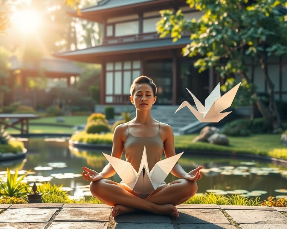 A peaceful garden oasis, with lush greenery and a serene pond reflecting the warm glow of the sun. In the foreground, a person sits cross-legged, eyes closed, radiating a sense of inner harmony and purpose. The mid-ground features a striking origami crane, its delicate form symbolizing the balance and connection between mind, body, and spirit. The background showcases a harmonious fusion of traditional Japanese architecture and modern design elements, hinting at the fusion of the old and the new, the personal and the professional. The overall scene evokes a tranquil, meditative atmosphere, inviting the viewer to contemplate their own Ikigai - the intersection of what they love, what they're good at, what the world needs, and what they can be paid for.