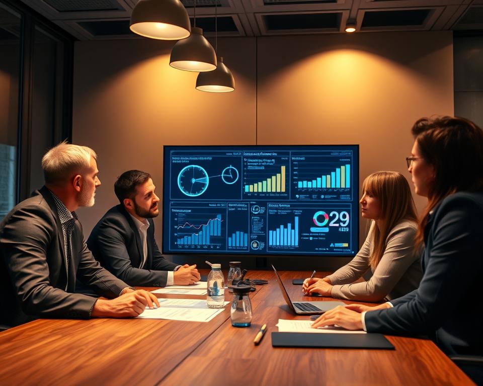 A professional business setting with executives gathered around a conference table, deep in discussion. The room is bathed in a warm, focused lighting, highlighting the concentration on their faces as they pore over data visualizations and analytics displayed on a large screen. The overall atmosphere conveys a sense of strategic decision-making, data-driven insights, and the importance of B2B market research. The scene captures the essence of the "Erhebung relevanter Daten im B2B" section, showcasing the critical role of data collection and analysis in driving B2B marketing success.