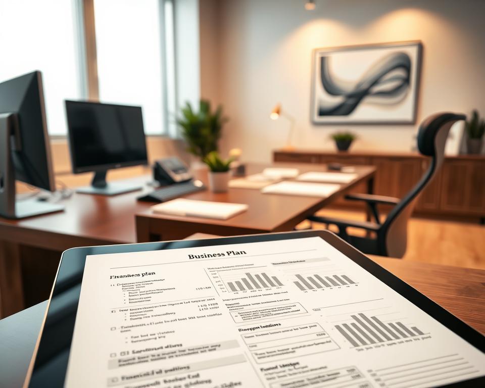 A professional, well-designed office setting with a large wooden desk, sleek computer equipment, and neatly organized financial documents. Warm, indirect lighting casts a soft glow, creating a contemplative atmosphere. In the foreground, a tablet displays a comprehensive business plan, its pages filled with meticulously detailed financial projections and strategic objectives. The middle ground features a modern, ergonomic chair and a potted plant, suggesting a balance between productivity and a touch of nature. The background showcases a minimalist, contemporary art piece on the wall, adding an element of sophistication. The overall scene conveys a sense of focused deliberation, highlighting the importance of thorough financial planning and strategic decision-making for successful entrepreneurship.