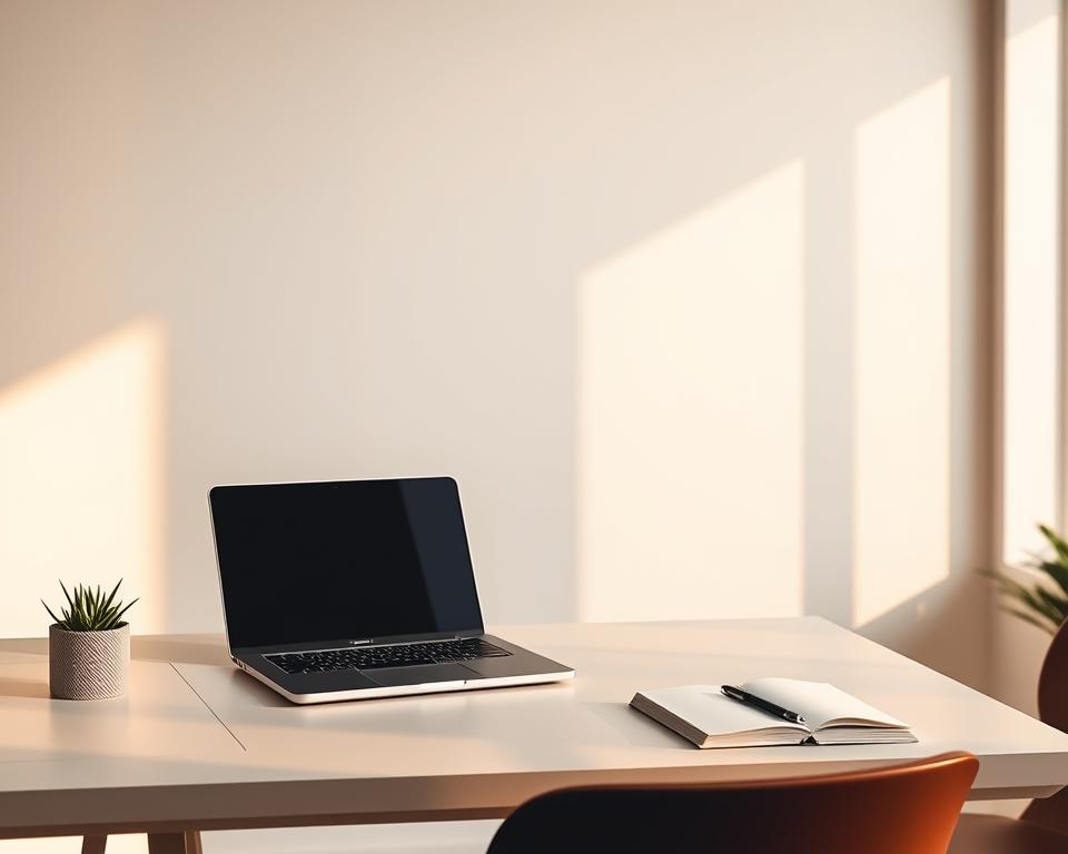 A serene, minimalist workspace with a focus on the core principles of agile software development. A clean, well-lit desk with a laptop, pen, and notebook, surrounded by a minimalist, contemporary interior. Warm, natural lighting casts a soft glow, emphasizing the simplicity and efficiency of the agile approach. The background features clean, geometric shapes and lines, subtly representing the structure and organization inherent in agile practices. The overall mood is one of focus, collaboration, and adaptability - the essence of "Agile Prinzipien Anwendung".