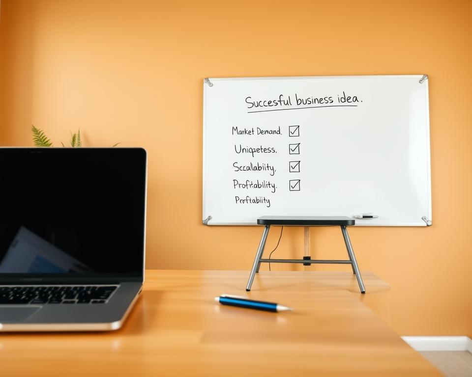 A serene, well-lit office setting with a clean, minimalist aesthetic. The foreground features a wooden desk with a laptop, pen, and a few neatly arranged office supplies. The middle ground showcases a whiteboard or corkboard displaying a checklist or diagram of key criteria for a successful business idea, such as market demand, uniqueness, scalability, and profitability. The background is a warm, neutral-toned wall, creating a calming, professional atmosphere. The lighting is soft and even, accentuating the clean lines and simplicity of the composition.