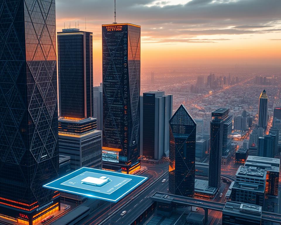 A sleek, minimalist digital cityscape, bathed in a warm, futuristic glow. Towering skyscrapers adorned with geometric patterns and holographic displays illuminate the scene. In the foreground, a stylized interface hovers, showcasing interconnected data streams and innovative business models. The middle ground features automated vehicles, drone deliveries, and a bustling hub of AI-powered productivity. In the background, a panoramic view of the city stretches into the horizon, hinting at the vast potential of emerging technologies and disruptive innovations. The overall atmosphere evokes a sense of progress, efficiency, and the limitless possibilities of the digital economy.