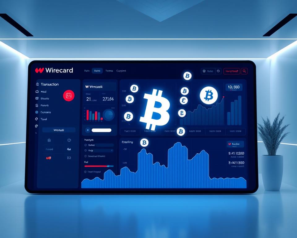 A sleek, modern digital payment processing interface. The foreground features a large, eye-catching transaction dashboard with intuitive controls and visualizations of financial data. In the middle ground, elegant virtual currency icons and symbols float weightlessly, symbolizing the flow of digital money. The background is a minimalist, technologically-inspired environment with clean lines, subtle gradients, and a cool, futuristic color palette of blues and grays. Soft, directional lighting casts a sense of depth and dimension, while the overall atmosphere conveys a sense of efficiency, security, and technological sophistication inherent to the Wirecard business model.