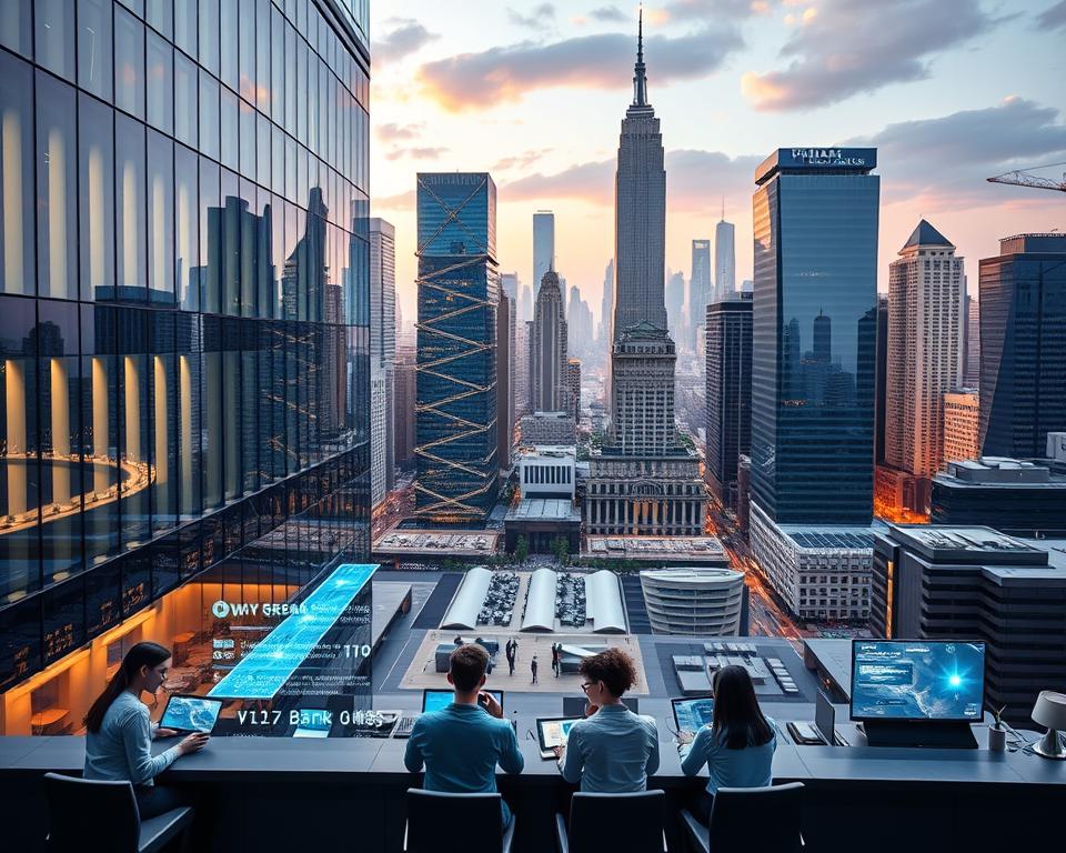 A sleek, modern neobank headquarters set against a backdrop of a bustling financial district. The building features clean lines, glass facades, and a minimalist aesthetic, conveying a sense of innovation and digital-forward thinking. The foreground showcases a team of young, tech-savvy professionals collaborating on laptops and tablets, surrounded by holographic displays and interactive screens. The middle ground highlights an open, collaborative workspace with communal seating areas and breakout zones. In the background, the cityscape is dominated by towering skyscrapers and a vibrant, ever-changing skyline, symbolizing the dynamic nature of the neobanking industry.