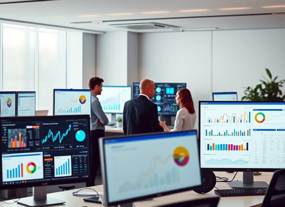 A sleek, modern office space with various data analytics tools and software displayed on multiple computer screens. In the foreground, an array of colorful charts, graphs, and dashboards showcasing key marketing metrics and insights. In the middle ground, a team of business professionals intently studying the data, discussing strategies and making informed decisions. The background features minimalist decor with clean lines, subtle lighting, and a serene atmosphere conducive to deep analysis and strategic planning. An aura of technological sophistication and data-driven decision-making permeates the scene.
