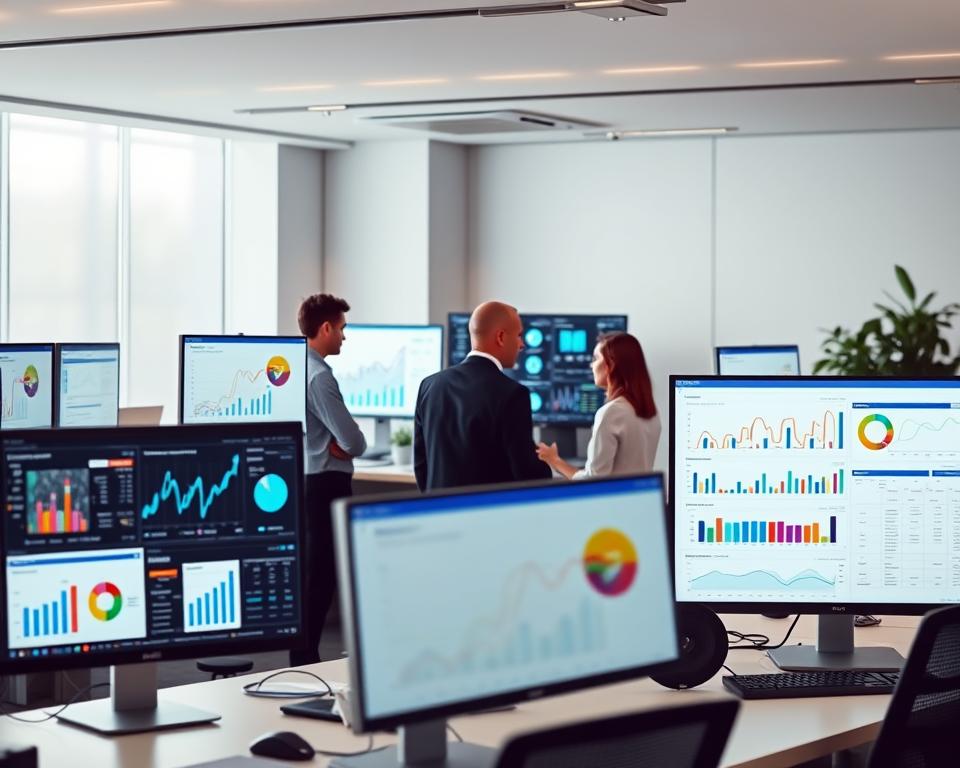 A sleek, modern office space with various data analytics tools and software displayed on multiple computer screens. In the foreground, an array of colorful charts, graphs, and dashboards showcasing key marketing metrics and insights. In the middle ground, a team of business professionals intently studying the data, discussing strategies and making informed decisions. The background features minimalist decor with clean lines, subtle lighting, and a serene atmosphere conducive to deep analysis and strategic planning. An aura of technological sophistication and data-driven decision-making permeates the scene.