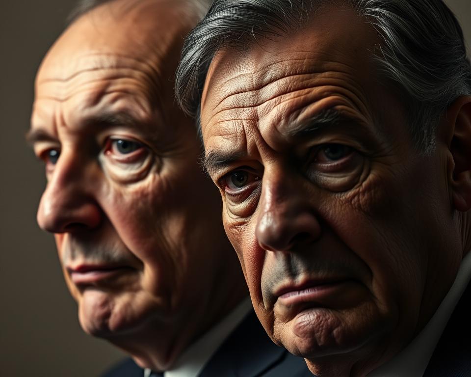 A solemn, contemplative portrait of two distinguished individuals, their faces carved with the weight of leadership and intellect. Soft, directional lighting illuminates their features, casting deep shadows that convey a sense of gravity and purpose. The background is hazy, with muted tones that draw the viewer's focus to the subjects' intense gazes and the subtle interplay of their expressions. Subtle details, such as the texture of their clothing and the poise of their posture, imbue the scene with a sense of authority and composure. This image captures the essence of Führungsstil - the leadership and vision that propels great organizations forward.