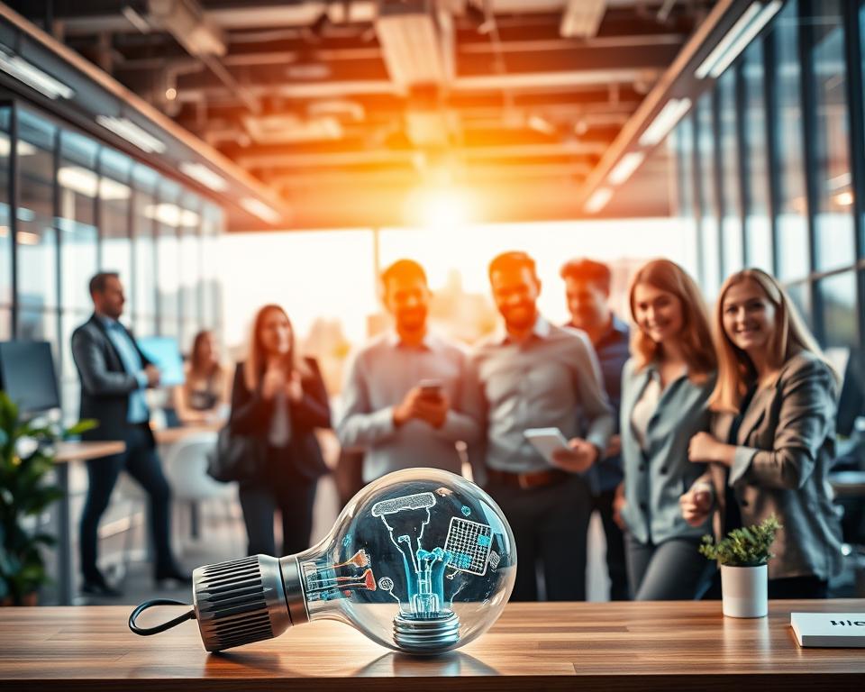 A vibrant and dynamic scene depicting the essence of a "gute Geschäftsidee". In the foreground, a visually striking and well-designed product or service takes center stage, showcasing its innovative features and compelling value proposition. The middle ground features a team of dynamic, collaborative individuals brainstorming and bringing the idea to life, their expressions brimming with enthusiasm and determination. The background is filled with a bustling, modern business environment, with sleek office spaces, cutting-edge technology, and a sense of forward momentum. The lighting is warm and inviting, casting a glow of inspiration and success over the entire scene. The overall atmosphere conveys a sense of possibility, innovation, and the promise of a thriving new business venture.