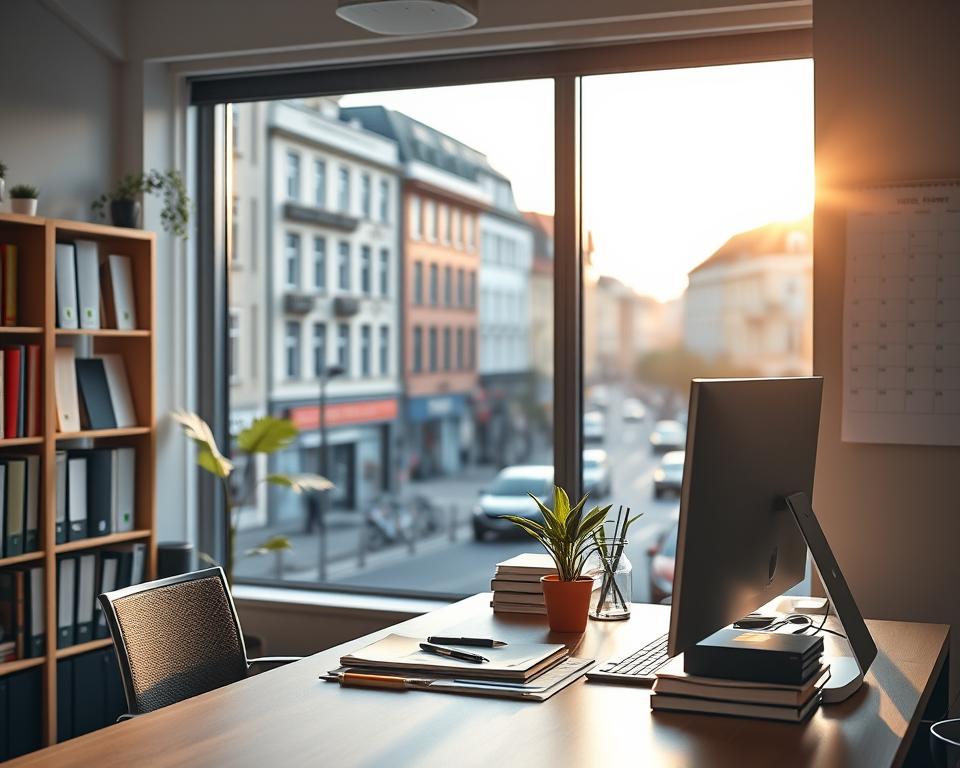 A vibrant and modern office space, with a large window overlooking the bustling streets of Munich. A well-organized desk with a computer, stationery, and a small potted plant, signifying the professional yet welcoming atmosphere. The lighting is warm and natural, casting a cozy glow over the scene. In the background, a bookshelf filled with reference materials and a calendar on the wall, hinting at the organization and attention to detail required for a successful business registration. The overall impression conveys a sense of efficiency, professionalism, and the excitement of starting a new venture in the heart of Munich.