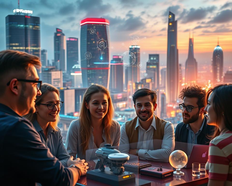 A vibrant, futuristic cityscape unfolds, bursting with innovative concepts. In the foreground, a group of visionary entrepreneurs brainstorm, their faces alight with inspiration. Holographic projections hover above, visualizing their groundbreaking ideas. The middle ground showcases a sleek, cutting-edge office space, where prototypes and models take shape under the glow of ambient lighting. In the background, towering skyscrapers and advanced infrastructure hint at a world where the impossible becomes reality. An aura of creativity and possibility permeates the scene, capturing the essence of untapped business opportunities.
