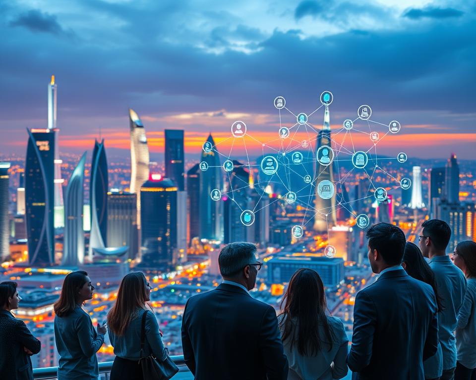 A vibrant, futuristic cityscape unfolds, its skyline adorned with sleek, innovative architectural structures. In the foreground, a group of businesspeople engage in a lively discussion, their faces illuminated by a warm, ambient lighting. Amidst the bustling activity, a holographic display projects an array of dynamic, interconnected ideas, symbolizing the process of developing new, groundbreaking business concepts. The scene conveys a sense of energy, creativity, and the excitement of exploring uncharted territories in the world of entrepreneurship.