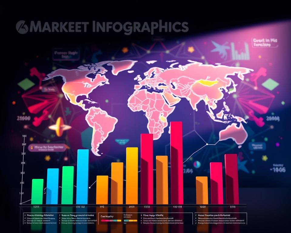 A vibrant market analysis infographic with an engaging visual narrative. In the foreground, a trio of colorful bar graphs depicting key market trends and insights, rendered in a clean, modern style. The middle ground features a dynamic world map, subtly highlighting global economic hubs and trade flows. In the background, a kaleidoscope of geometric shapes and patterns evokes the complexity and dynamism of the business landscape. Sophisticated lighting casts dramatic shadows, creating depth and emphasizing the infographic's informative yet visually captivating nature. The overall mood is one of precision, innovation, and forward-thinking.