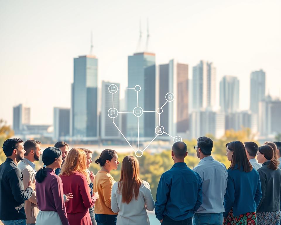 A vibrant visual representation of individuals and their interactions, set against a backdrop of clean, modern architecture. The foreground features a diverse group of people engaged in thoughtful discussion, their body language and facial expressions conveying a sense of collaboration and understanding. The middle ground showcases a flow of information and ideas, represented by abstract shapes and lines that connect the individuals. The background is a minimalist cityscape, with sleek high-rises and a hint of natural elements, creating a balanced and harmonious environment. The lighting is soft and natural, casting a warm glow over the scene and accentuating the sense of connection and community. The overall atmosphere evokes the core values of the Agile Manifesto: individuality, interaction, and a shared purpose.