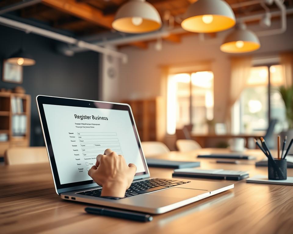 A warm, modern office interior with a large desk and a laptop computer. In the foreground, a hand is carefully filling out an online form on the laptop screen, representing the process of registering a new business. The desk is neatly organized with stationery and office supplies, creating a professional and productive atmosphere. Soft, diffused lighting from overhead fixtures casts a pleasant glow, and the background features a blurred view of a cozy, sun-lit room, conveying a sense of efficiency and ease in the online registration process.
