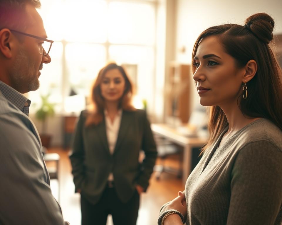 A warm-toned, detailed scene of a sales interaction. In the foreground, a sales representative leans in towards a customer, their expression earnest and their body language open. The customer's face is pensive, reflecting deep engagement. In the middle ground, a cozy sales office with hardwood floors and tasteful decor creates an inviting atmosphere. Soft, natural lighting filters in through large windows, casting a gentle glow. The background is blurred, hinting at the larger context of the business. An air of professionalism and emotional connection pervades the setting, conveying the importance of customer psychology and building meaningful rapport in sales.