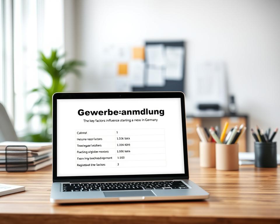 A well-lit office setting with a sleek, modern desk showcasing various business-related documents and office supplies. In the foreground, a laptop displays a digital form titled "Gewerbeanmeldung" (Business Registration), highlighting the key factors that influence the costs associated with starting a new business in Germany. The background features a minimalist, professional atmosphere with clean lines and neutral tones, emphasizing the importance of understanding the financial implications of commercial registration.
