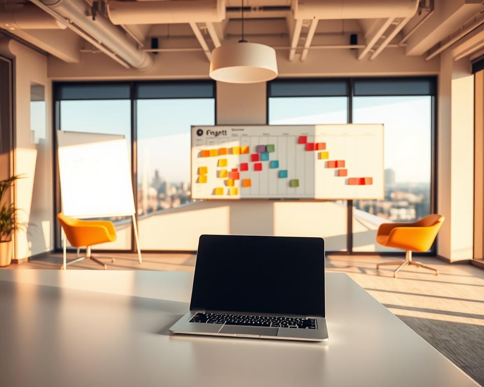 A well-organized office setting with a focus on project management tools and methodologies. In the foreground, a sleek, modern desk with a laptop, pen, and a visual project planning board. The middle ground features a whiteboard displaying a Gantt chart, sticky notes, and colorful markers. The background showcases a minimalist meeting area with comfortable chairs and a large window overlooking a city skyline. Warm, natural lighting creates a productive and collaborative atmosphere. The scene conveys a sense of efficiency, organization, and strategic planning, reflecting the best practices in project management.