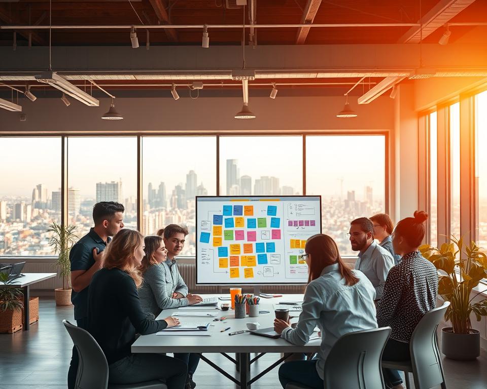An open-concept office space, bathed in warm, natural light filtering through large windows. In the foreground, a team of diverse professionals - designers, developers, and product managers - gathered around a table, engaged in a lively discussion. Their postures and gestures convey a sense of collaboration and focused intensity. In the middle ground, a digital whiteboard displays a visualization of an agile development process, with colored sticky notes and diagrams. The background features a panoramic view of a vibrant city skyline, symbolizing the dynamic, customer-centric nature of their work. The overall scene evokes a harmonious blend of creativity, teamwork, and a relentless pursuit of innovation to serve the needs of their clients.