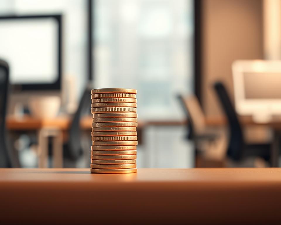 Detailed illustration of the Gründungszuschuss NRW program, a financial assistance initiative for new business founders in North Rhine-Westphalia, Germany. Crisp, clean composition with a modern, professional look. Centered focus on a stack of coins or a bank note, symbolizing the monetary support, set against a blurred background of office or workspace elements - desks, chairs, computers. Warm, muted color palette, balanced lighting from the side, creating depth and highlighting the key financial element. Convey the idea of a supportive government program enabling entrepreneurship through visual cues, without any distracting text or graphics. Detailed illustration of the Gründungszuschuss NRW program, a financial assistance initiative for new business founders in North Rhine-Westphalia, Germany. Crisp, clean composition with a modern, professional look. Centered focus on a stack of coins or a bank note, symbolizing the monetary support, set against a blurred background of office or workspace elements - desks, chairs, computers. Warm, muted color palette, balanced lighting from the side, creating depth and highlighting the key financial element. Convey the idea of a supportive government program enabling entrepreneurship through visual cues, without any distracting text or graphics.