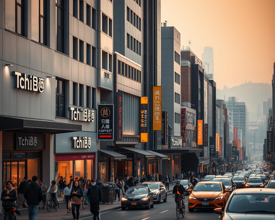 A bustling city street, with a row of Tchibo coffee shop facades stretching into the distance. Warm, soft lighting illuminates the modern, minimalist storefronts, their clean lines and large windows inviting passersby. In the foreground, a mix of pedestrians, cars, and bicycles create a sense of urban energy and growth. The mid-ground features a mix of Tchibo signage, awnings, and facades, conveying the expansion and proliferation of the brand. The background is a hazy, atmospheric cityscape, suggesting the continued growth and spread of the Tchibo business model. The overall scene evokes a dynamic, thriving urban environment fueled by Tchibo's successful expansion strategy.