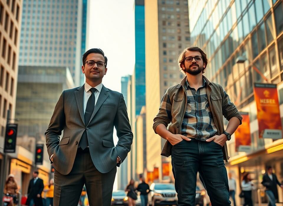 A bustling city street, with two figures standing in contrast - one dressed in a crisp suit, the other in casual attire. The suited figure, a Gewerbetreibende, exudes an air of professionalism and establishment. The casual figure, a Freiberufler, radiates a sense of independence and flexibility. The scene is bathed in warm, golden light, conveying a sense of opportunity and potential. In the background, skyscrapers and office buildings suggest the corporate landscape, while a vibrant street scene with pedestrians and vehicles adds dynamism. The composition is balanced, with the two figures occupying the central focus, inviting the viewer to consider the nuances of self-employment.