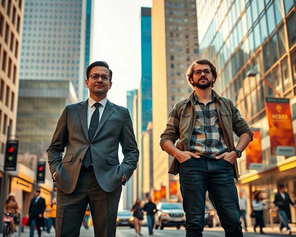 A bustling city street, with two figures standing in contrast - one dressed in a crisp suit, the other in casual attire. The suited figure, a Gewerbetreibende, exudes an air of professionalism and establishment. The casual figure, a Freiberufler, radiates a sense of independence and flexibility. The scene is bathed in warm, golden light, conveying a sense of opportunity and potential. In the background, skyscrapers and office buildings suggest the corporate landscape, while a vibrant street scene with pedestrians and vehicles adds dynamism. The composition is balanced, with the two figures occupying the central focus, inviting the viewer to consider the nuances of self-employment.